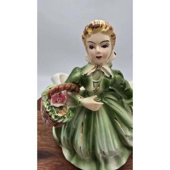 Vintage Lady Planter Green Dress Ceramic Figurine ~ Cottage Mothers Day - Picture 2 of 16